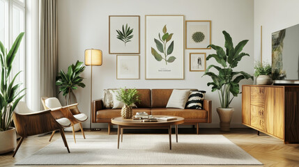 Luxury interior with stylish wooden commode, gold mock up poster frame, plants, book, decoration and elegant personal accessories. Modern living room in classic house. Template.