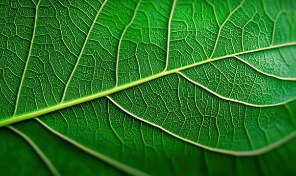 An up-close view reveals the complex vein structure within a vibrant green leaf of a broadleaf plant.
