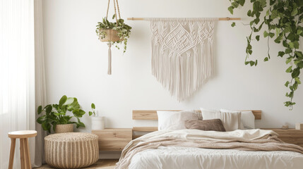 Minimalistic boho interior with design and handmade macrame shelf planter hanger for indoor plants, wooden furnitures, elegant accessories ,rattan basket and leaf. Cozy home decor. White walls. 
