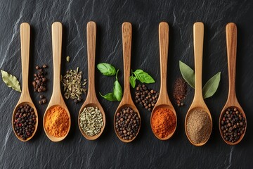 Wooden Spoons with Various Spices on Black Background with Empty Space