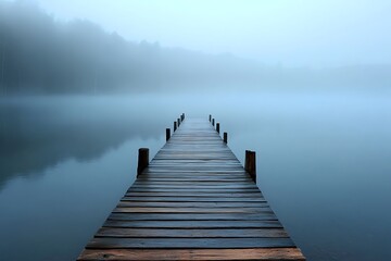 Fototapeta premium A wooden dock extending into a misty lake, with soft light reflecting on the water at dawn