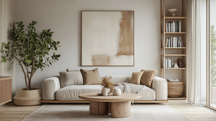 Bright home nordic living room with design sofa, family table, plant, white bookstand on the wall. Brown wooden parquet. Abstract painting on the white wall.  Concept of minimalistic interior.