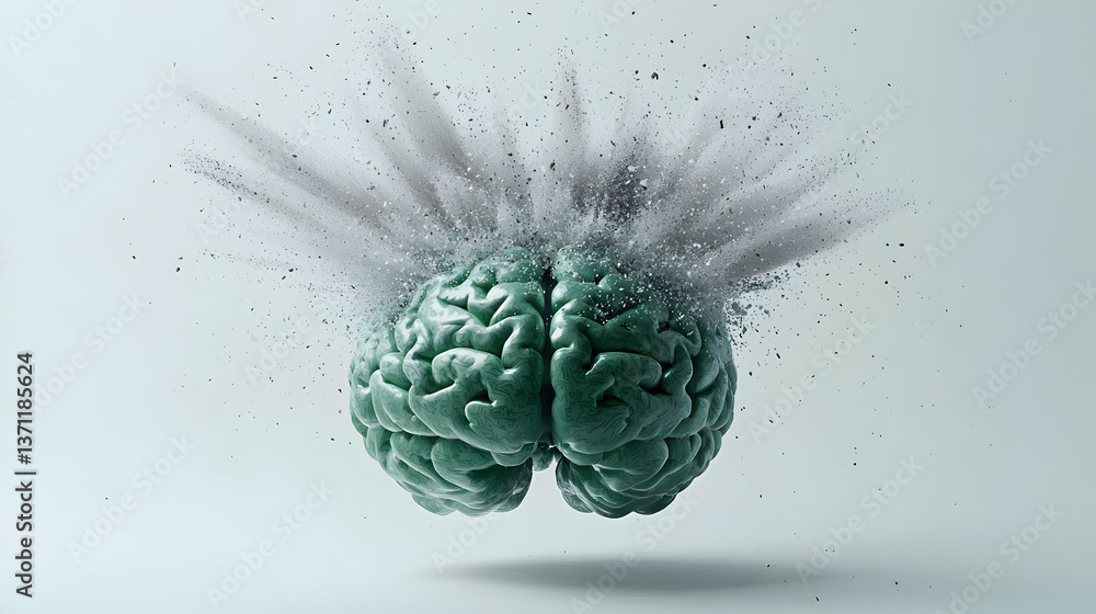 Poster teal exploding brain 3d model on light background