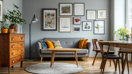 Design scandinavian home interior of open space with stylish chairs, family table wooden commode, gray sofa, accessories and mock up posters gallery wall. Gray background walls. Retro cozy home decor.