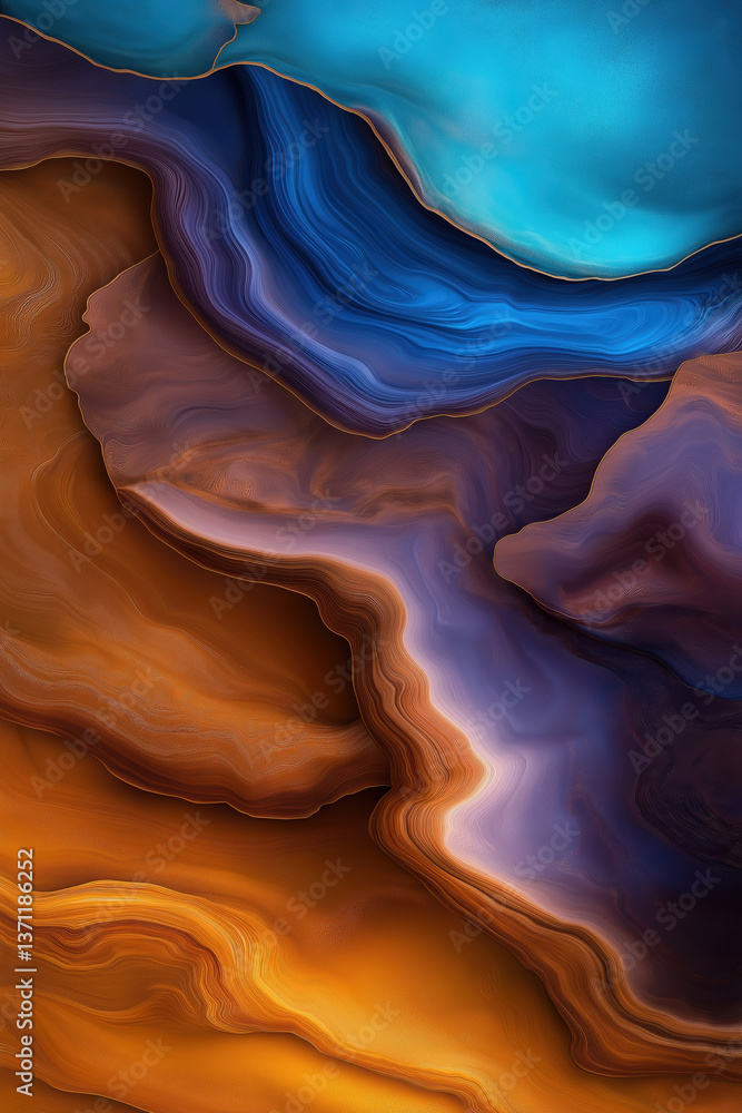 Poster flowing colors create abstract patterns in vibrant hues on smooth surfaces