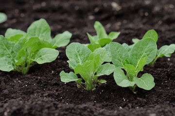 Young lettuce plants growing in dark, rich soil. Can be used to illustrate gardening, farming, and healthy eating.