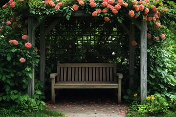 A wooden garden bench under a trellis of climbing roses, surrounded by lush greenery and blooming flowers