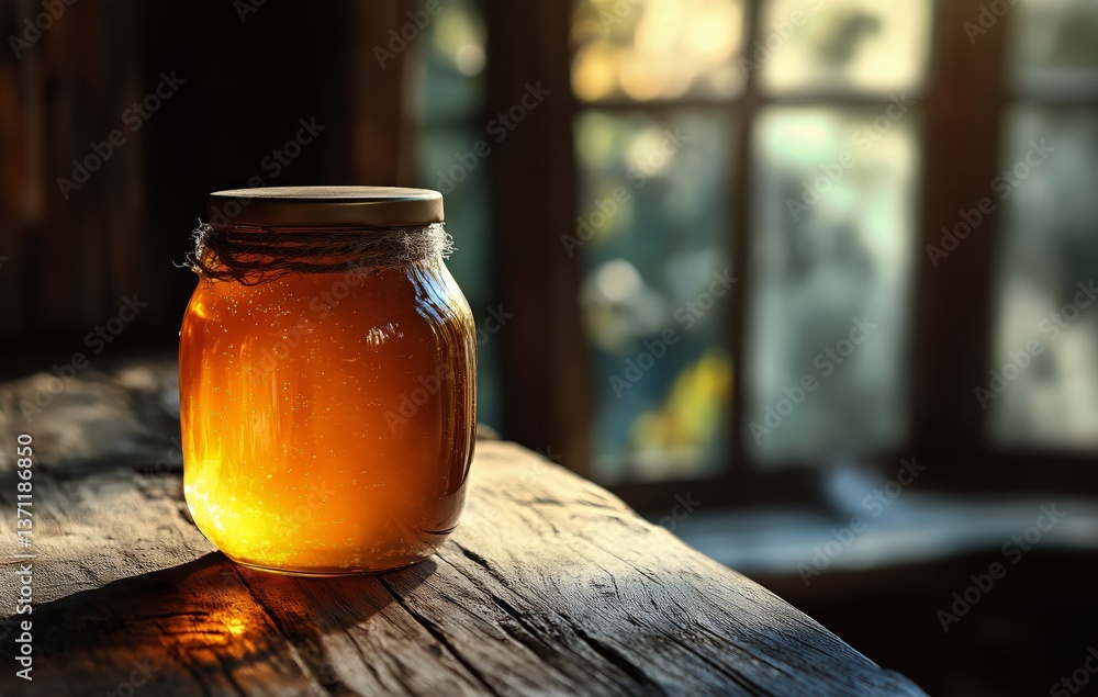 Poster fresh honey jar on wooden table illuminated by soft sunlight in a rustic setting