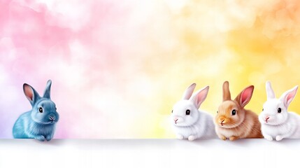 Four adorable bunnies are posing above a white surface against a pastel, watercolor-style background with blended pink, orange, and yellow hues.