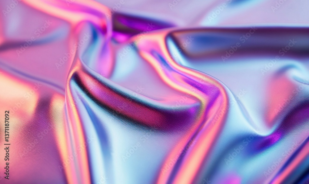 Poster an iridescent fabric displays a spectrum of colors, showcasing its smooth and shiny texture.