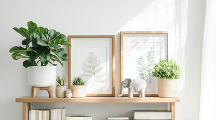 Stylish scandi home interior with two brown wooden mock up photo frames with books, beautiful plants in vase, elephant figure and home accessories. Minimalistic concept of white room decor.