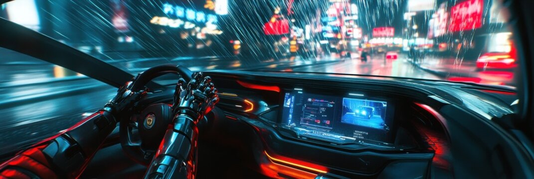 Futuristic android controlling a self-driving electric car with a glowing dashboard amid rain-soaked neon city lights