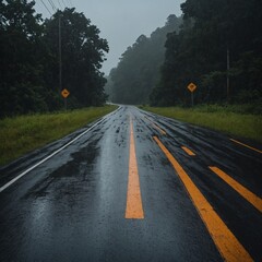 A Slippery Road warning sign during rainy weather.