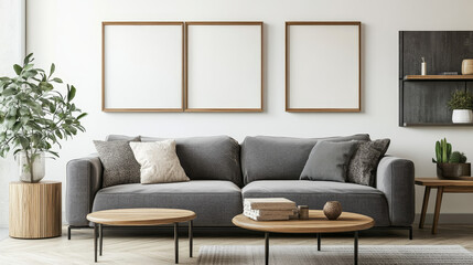 Exquisite and modern composition of living room interior with grey design sofa, two mock up poster frames, wooden coffee tables, decoration and personal accessoreis. Minimalist loft home decor. 