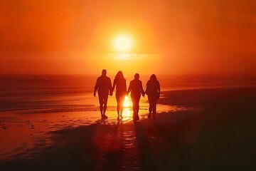 Fototapeta premium A group of friends walking hand in hand on the beach at sunset, with their silhouettes illuminated