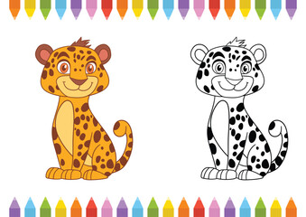 A cartoon cheetah image shows one version in full color, and the other is black and white line art of the same figure for coloring. © Dave
