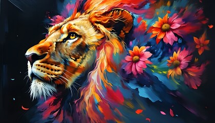 Colorful Lion with Flowers  Abstract Animal Painting