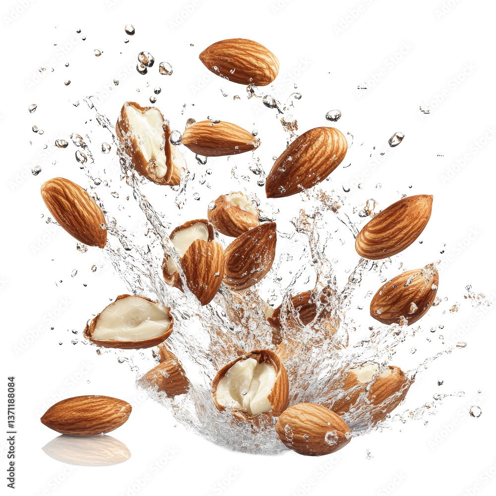Poster almonds splashing into water on a transparent background create a vibrant and dynamic scene of natur