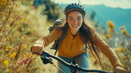 Woman riding bike through field of flowers. Woman biking on a mountain in summer. Generative mountain landscape with a bike in the forest. A female cyclist pedaling through lifestyle a meadow of.