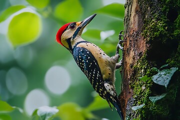 A woodpecker tapping on a tree trunk in a dense forest, surrounded by thick foliage and the sounds of the wilderness