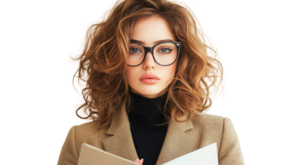 Png of Confident woman with curly hair and glasses holding a notebook, dressed in a stylish blazer, radiating professionalism on transparent background.