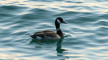 Fototapeta premium Canada goose swimming gracefully in calm water during sunrise at a serene lake