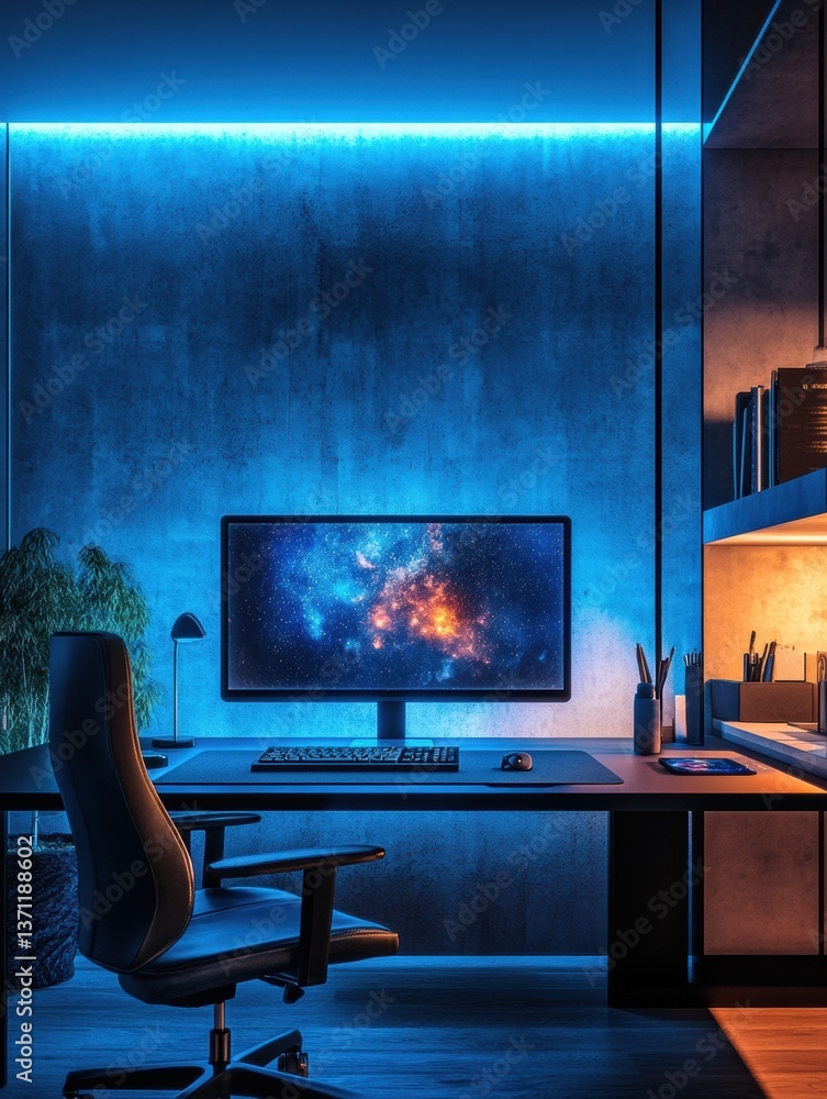 Poster futuristic home office featuring a smart desk with holographic display and ambient lighting in a sle