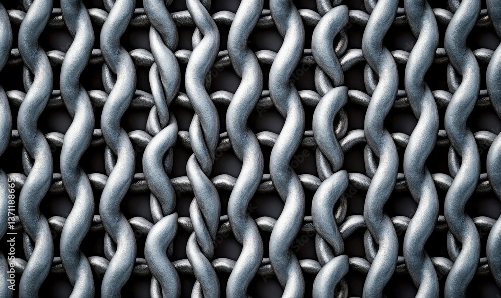 Poster a detailed view of interwoven metallic chainmail creating a robust and protective texture.
