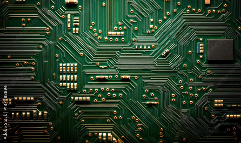 Poster close-up of a green circuit board illustrating intricate pathways, representing modern tech and conn