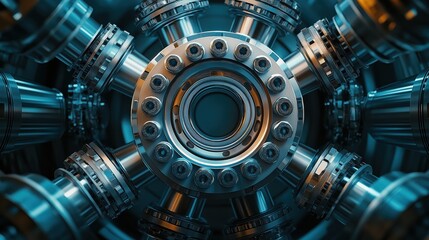 Metallic parts in symmetry against a futuristic background  