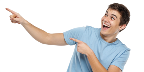 Cheerful Young Woman in Blue T-Shirt Pointing to the Side with a Smile