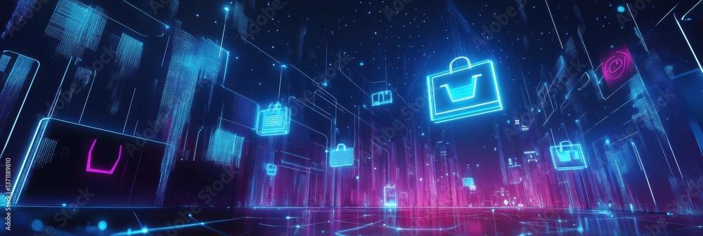 Poster futuristic e-commerce digital landscape featuring neon cybernetic elements and floating shopping ico