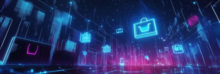 Obraz premium Futuristic e-commerce digital landscape featuring neon cybernetic elements and floating shopping icons in a high-tech marketplace
