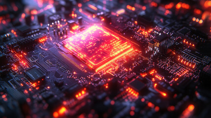 Glowing Microchip on Futuristic Circuit Board Background

