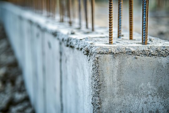 New concrete wall with iron rebar at a farm  concept of country house construction photography