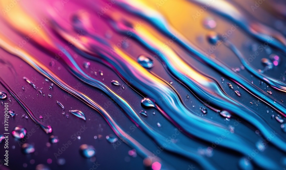 Poster close-up captures vibrant liquid streams and droplets, displaying a harmonious blend of colors and t