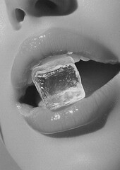 Black and White Woman's Mouth with Ice Cube and Glossy Pink Lips in Artistic Style