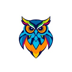 Naklejka premium Vibrant Geometric Owl Emblem. A bright, multi-hued owl design featuring sharp geometric shapes and a stylized silhouette, perfect for branding or creative projects