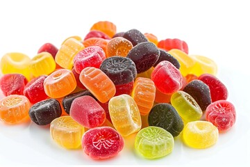 A pile of jelly candies isolated on a white background, with a clipping path. A pile or pack of