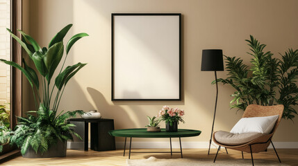 Stylish composition of retro living room interior with green coffee tables,  plants, flowers, table lamp and black mock up poster frame on the beige wall. Vintage home decor. Template.