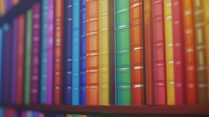Row of colorful books on shelf. Multi colored bookshelf in a library. Beautiful rainbow on a colorful background. A lineup of vibrant books on a lifestyle shelf.