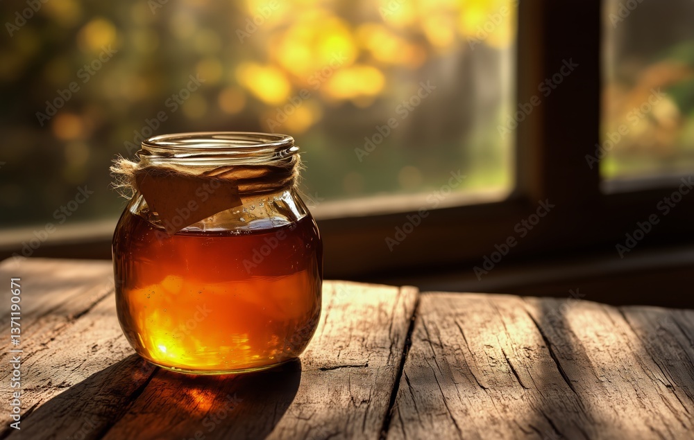 Poster fresh honey jar on wooden table illuminated by soft sunlight in a rustic setting
