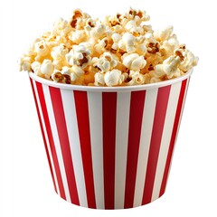 A classic red and white striped bucket overflowing with freshly popped popcorn. Perfect for movie night!