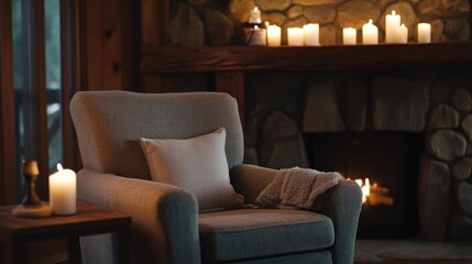 Obraz premium Cozy Living Room Scene with Armchair Fireplace and Candles Creating a Warm Atmosphere