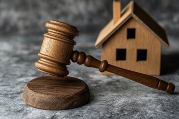 Wooden gavel and house model on gray background representing real estate concept photography