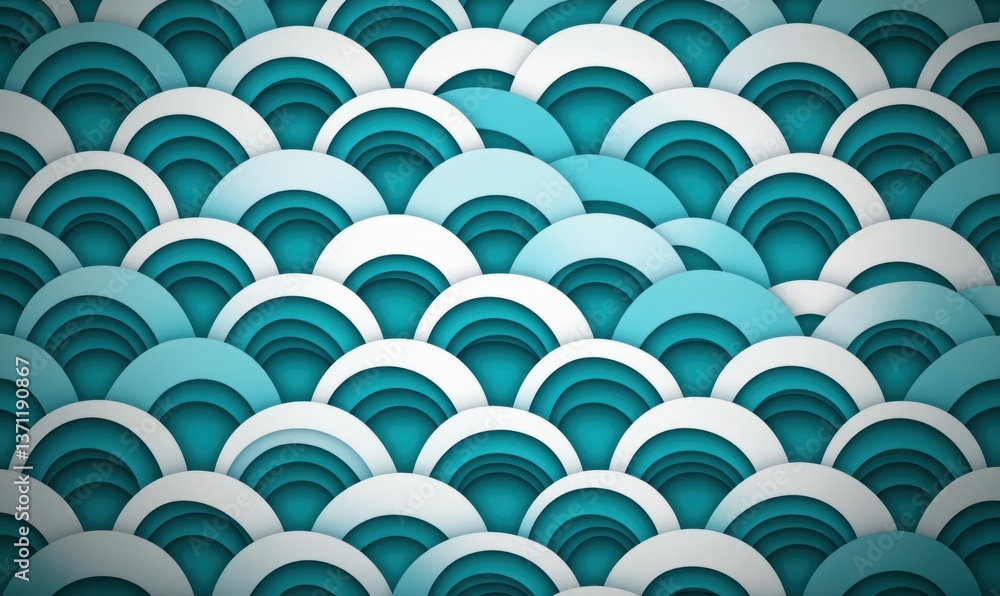 Poster overlapping teal and white semicircle shapes create a modern abstract patterned background.
