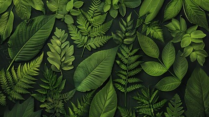 Fototapeta premium Exploring the rich variety of green leaves arranged on a dark background in a forest-inspired composition Generative AI