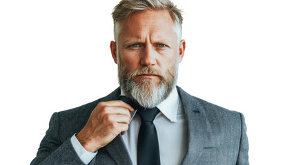 Png of Confident middle-aged Caucasian man in a suit adjusting his tie, exuding professionalism and charisma on transparent background.