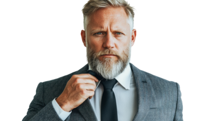 Png of Confident middle-aged Caucasian man in a suit adjusting his tie, exuding professionalism and charisma on transparent background.