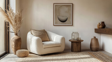 Interior design of aesthetic and elegant room with mock up poster frame, beige boucle armchair, glass vase, side tables, decoration, carpet and personal accessories. Home decor. Template. 